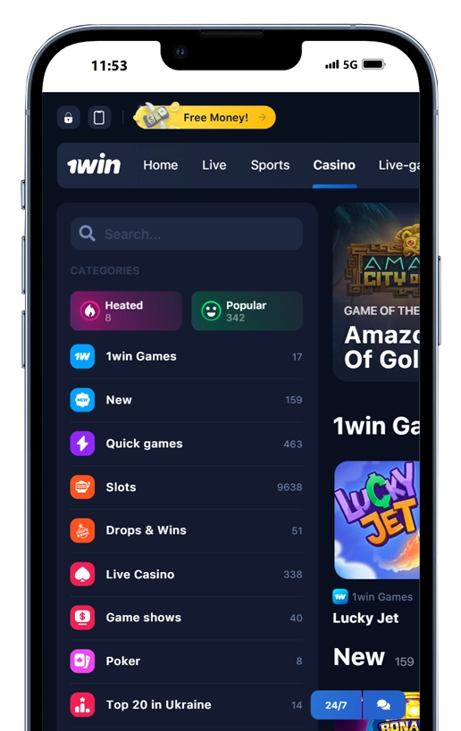 phone screen with 1win website page and Aviator game
