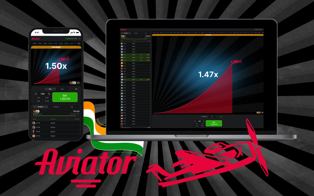 on the phone and laptop screens the Aviator game interface, the Aviator game logo and the Indian flag