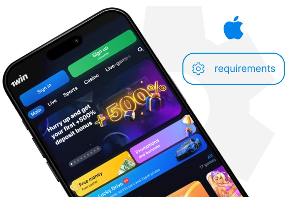 Phone screen with the 1win home page, Requirements text, and the iOS logo