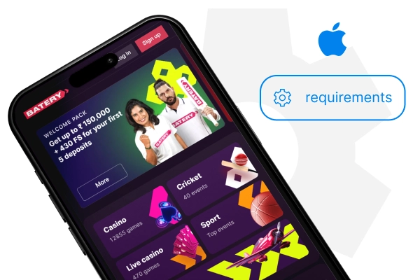 Phone screen with the Battery home page, Requirements text, and the iOS logo