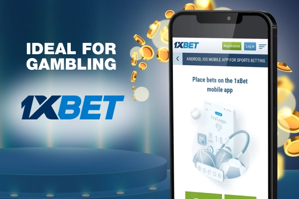 The main page of the 1xBET website is on the phone screen, with coins in the background