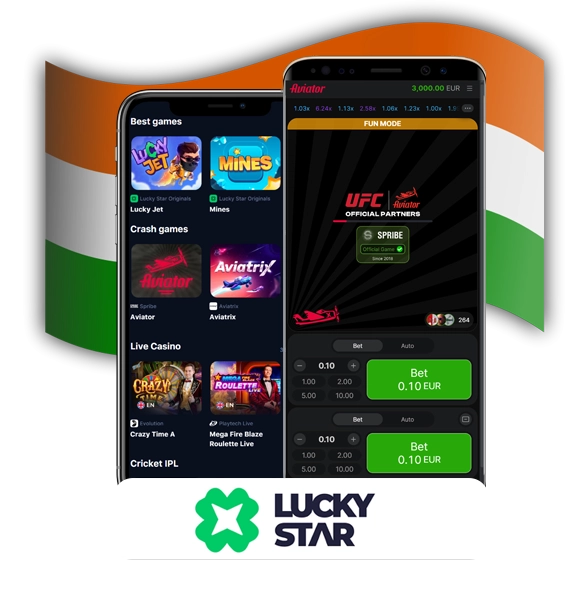 against the background of the Indian flag, two phones, the Aviator game and the LackyStar home page on the screen