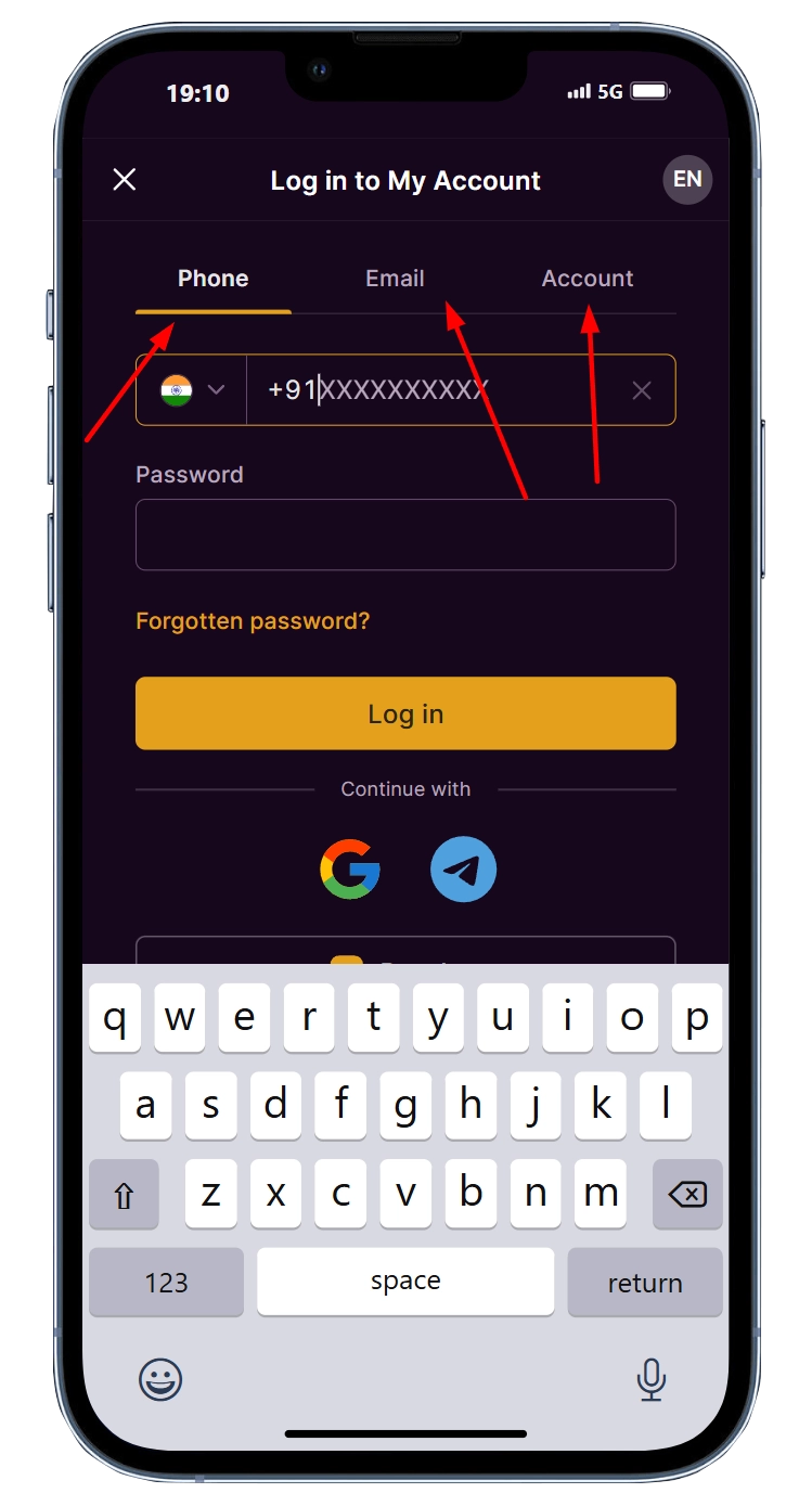 on the phone screen the batery login form. The arrows show all possible login methods