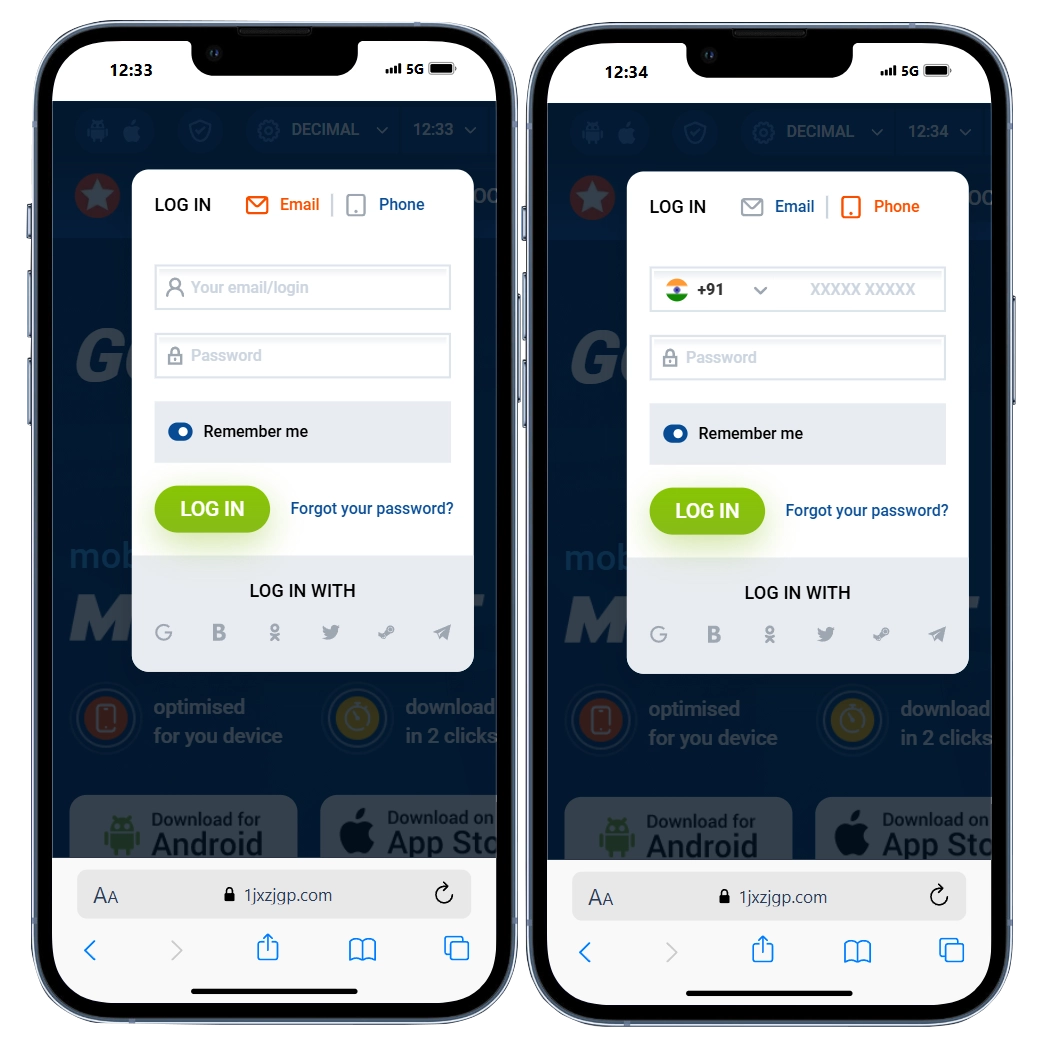 Two phone screens demonstrating the ability to log in to websites