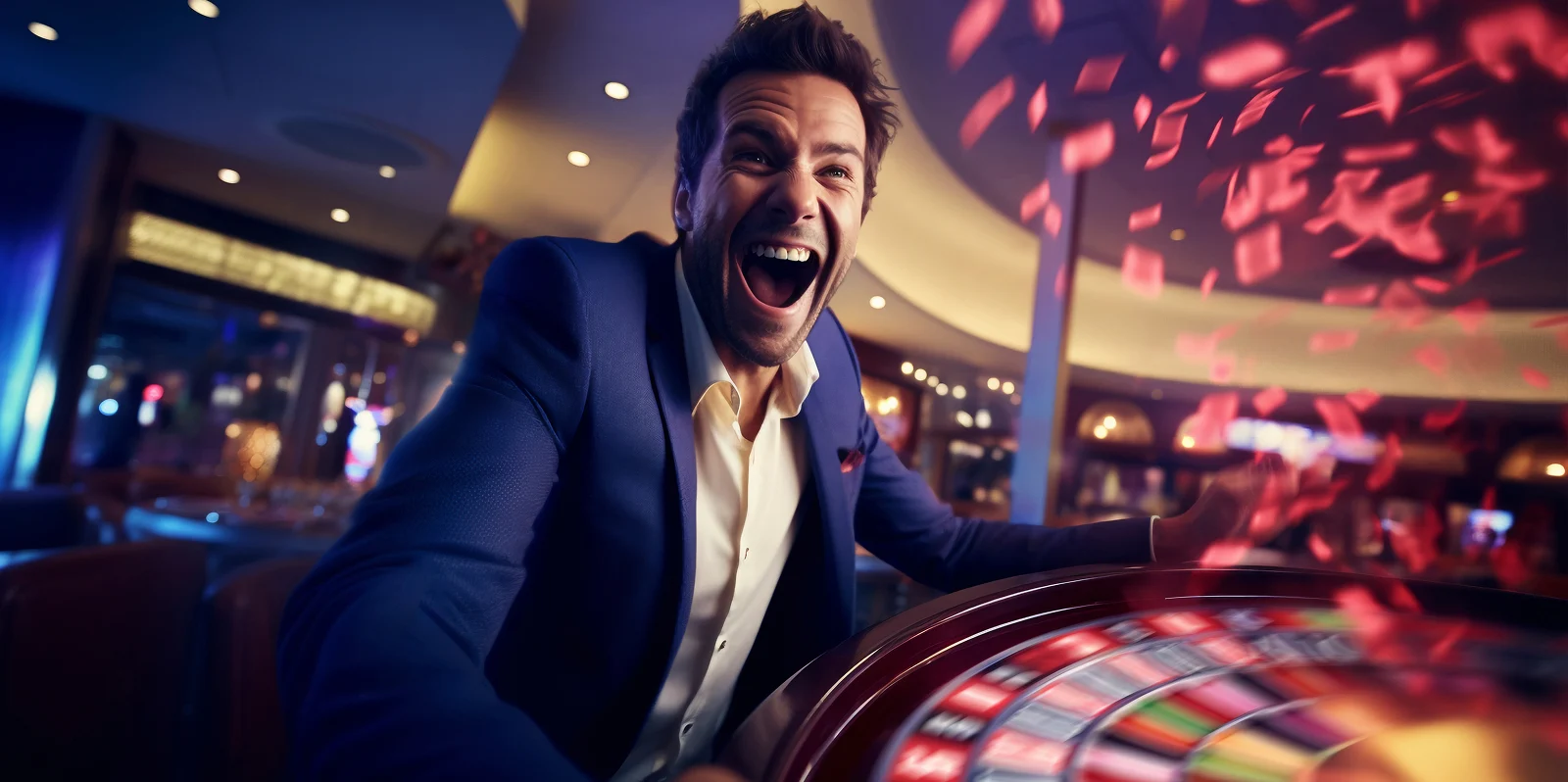 Man celebrating big win at real money game inside luxury casino
