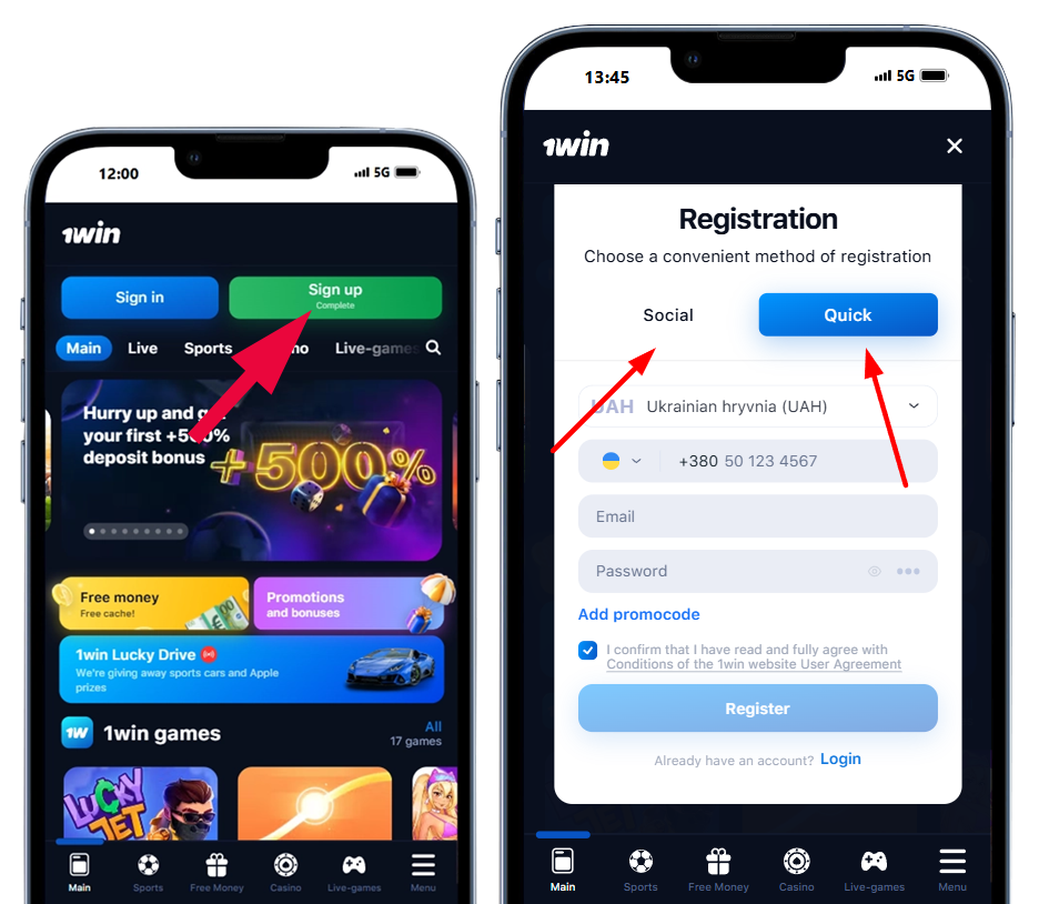on the phone screen the 1Win registration form. The arrows show all possible login methods