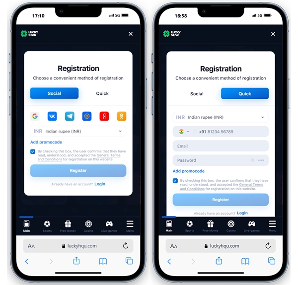 registration through social networks and through mail