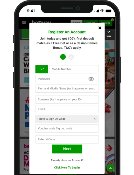 On the phone screen, the registration form on the Betway website