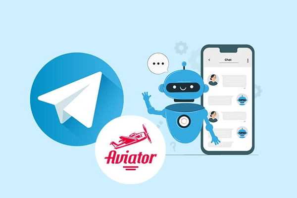 on a blue background, an image of a robot on a phone background and the Telegram app logo