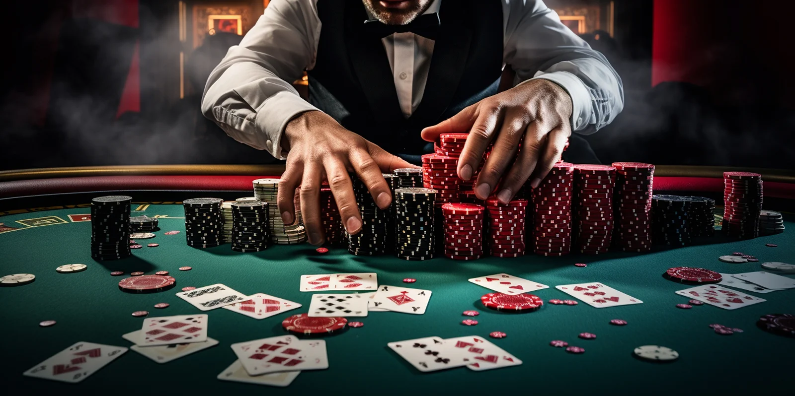 Casino dealer stacking poker chips and cards during an intense gambling round